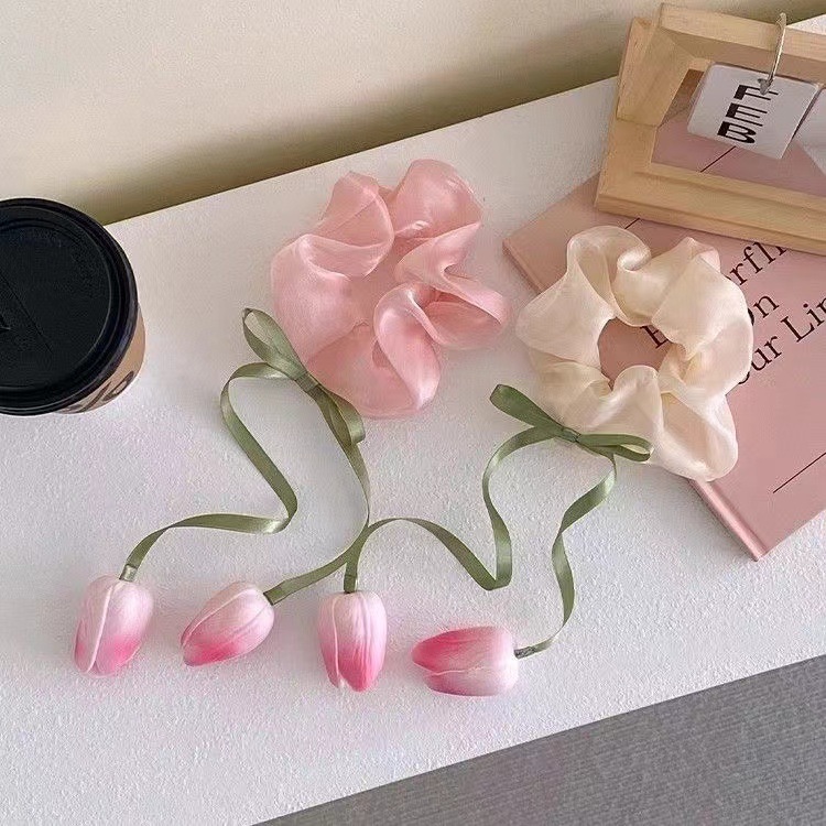 Gentle and sweet tulip flower large intestine hair band, women's niche design sense, bun hairstyle, hair tie, Korean-style hair accessory Specification drawing