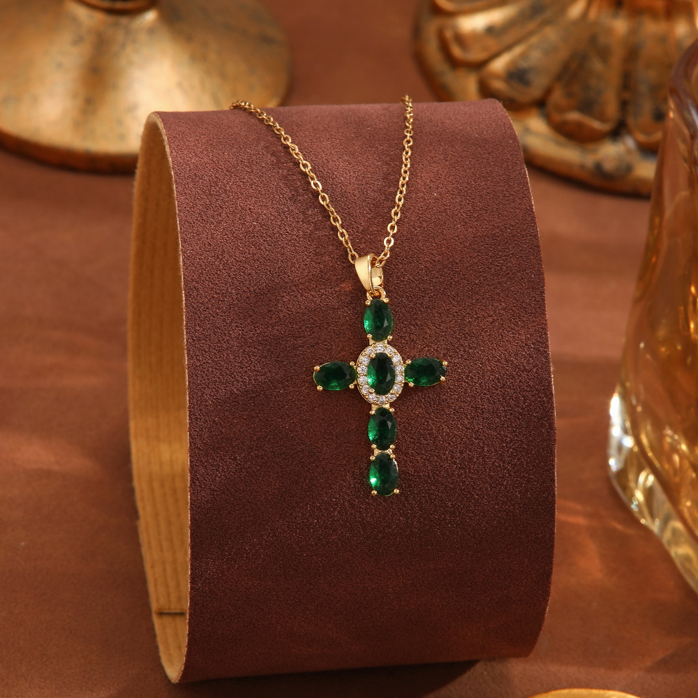 Cross-border retro cross-shaped zircon necklace for women, super shiny, fashionable and versatile, colorful, light luxury, individual and niche collarbone chain Specification drawing