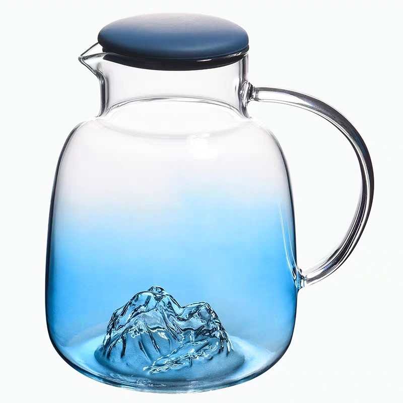 Gradient color cold water kettle, high borosilicate glass water kettle, household large-capacity cold water kettle set, gradient blue flower teapot details Picture