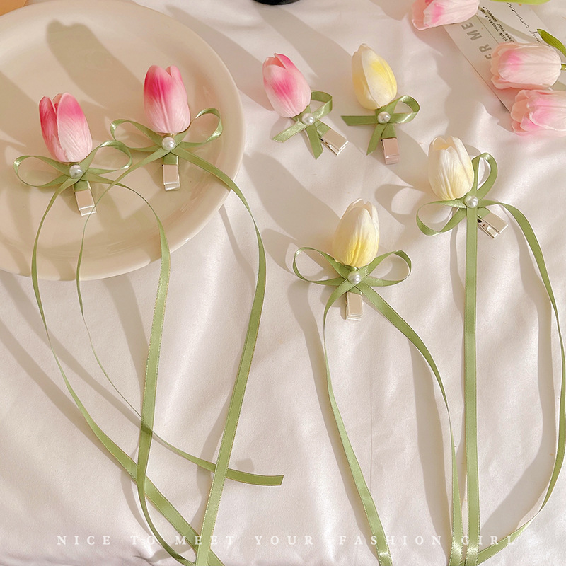Super fairy tulip flower hair clip, women's side bangs clip, bow ribbon double ponytail hair clip, new hair accessory full figure