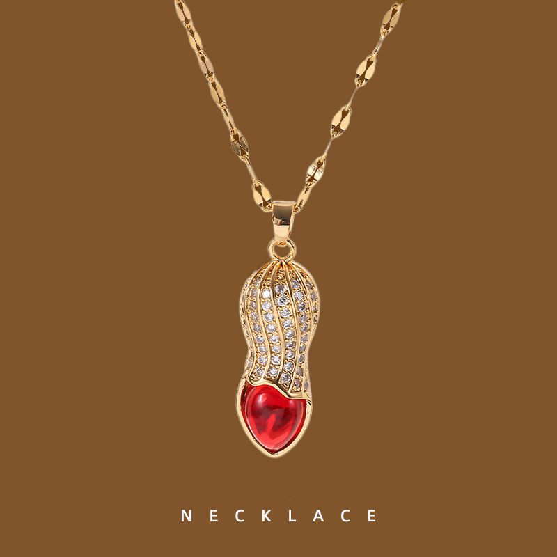 Red crystal zircon peanut necklace for attracting wealth, 18k titanium steel plated with gold, luxurious diamond-encrusted collarbone chain accessory full figure