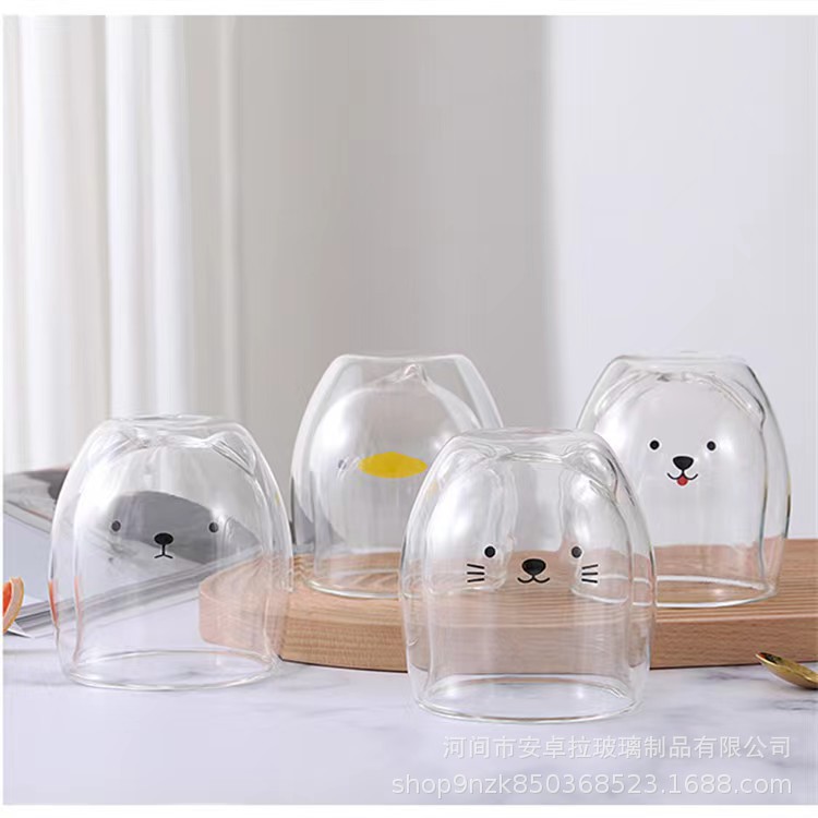 Customized high-temperature resistant double-layer glass water cups, creative cartoon transparent milk cups, cute printed cups, high borosilicate details Picture