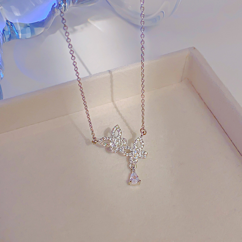 Korean style double butterfly titanium steel necklace for women, zircon water drop tassel pendant, fashionable and light luxury accessory wholesale Specification drawing