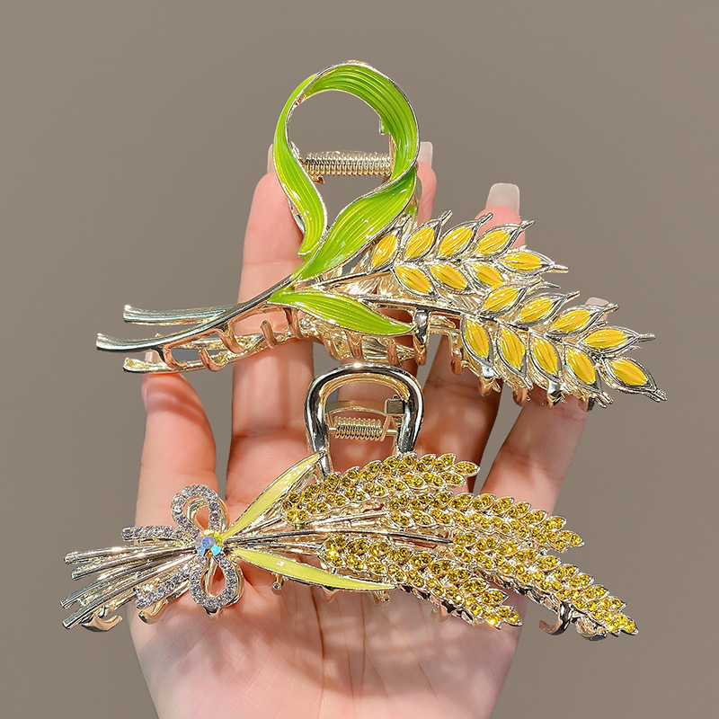 2023 New Golden wheat ear high-end style hair clip for women's summer large shark-shaped hairpin at the back of the head details Picture