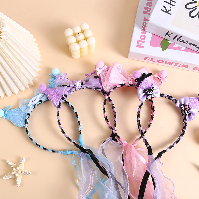 Children's Kulomi false hair band, girls' Sanrio braid headband, baby princess headwear, crown ribbon headband details Picture
