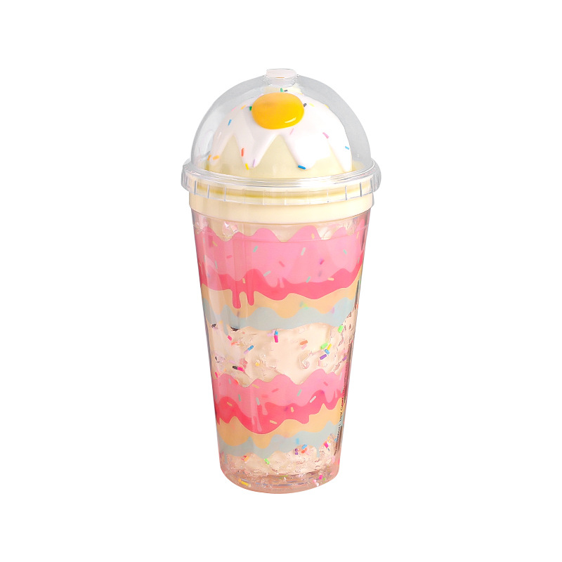 Summer crushed ice cup, double-layer plastic cute egg creative cup, portable office and home use, Korean version popular straw cup Item Picture