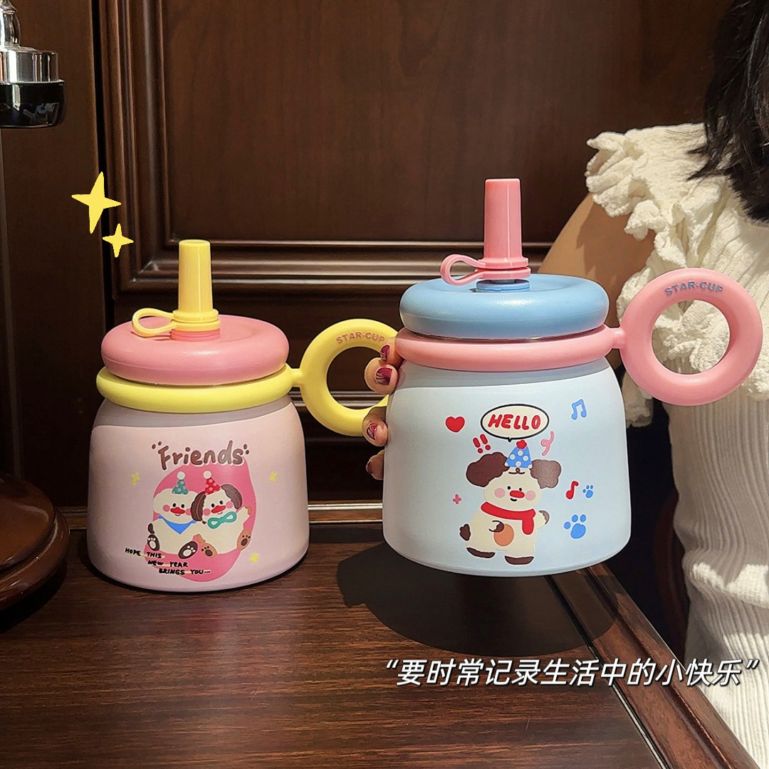 Cartoon cute desktop water cup for girls to make tea, office handle insulated cup, high appearance level, portable stainless steel straw cup full figure