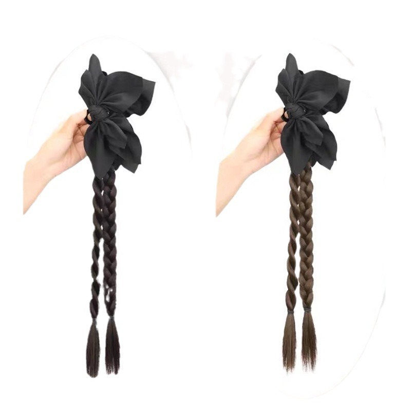 Wig clip, ponytail, female, black bow, braid, hair clip, realistic hair, Chinese-style, semi-braided wig Item Picture