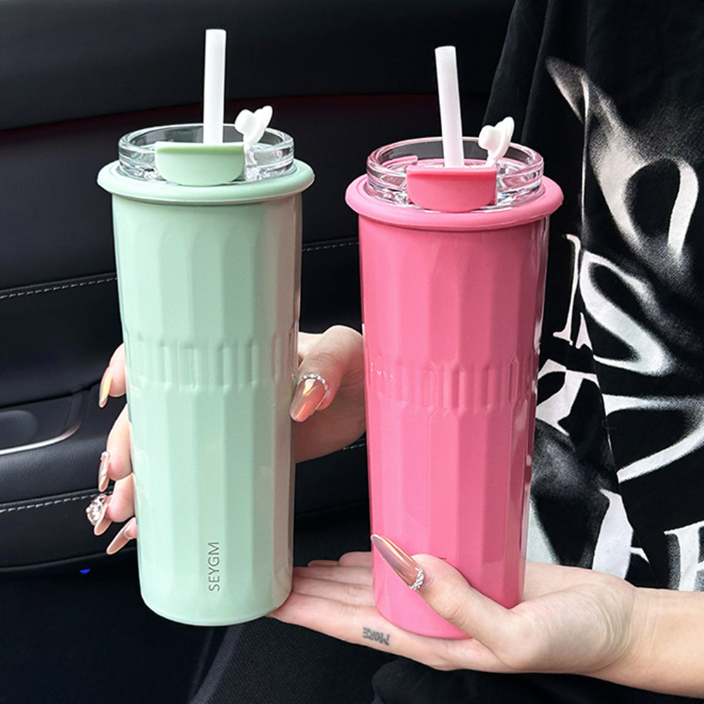 New minimalist coffee cup, fashionable women's insulated cup with straw, stainless steel cold preservation, high appearance level, double drinking cup details Picture