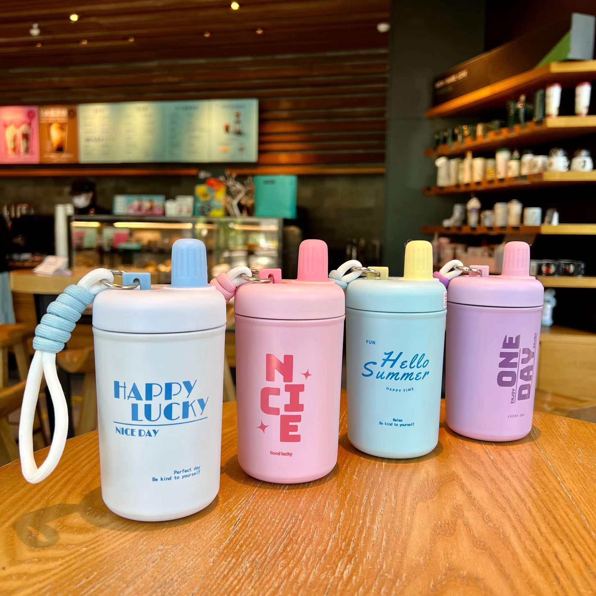 Simple and fresh insulated cup with straw, portable ins feng shui cup, hand-held stainless steel cup for office and home use, cross-border details Picture