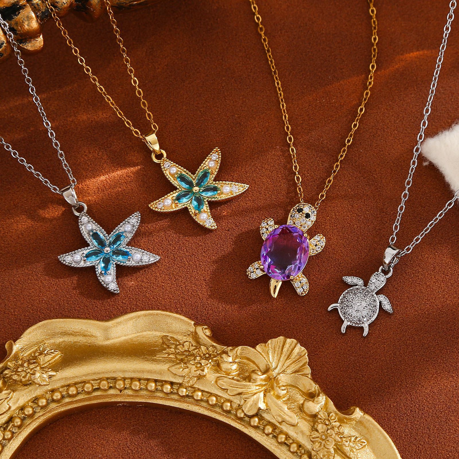 Cross-border best-selling summer beach-style stainless steel necklace, copper micro-inlay shell starfish necklace, ocean vacation collarbone chain Specification drawing