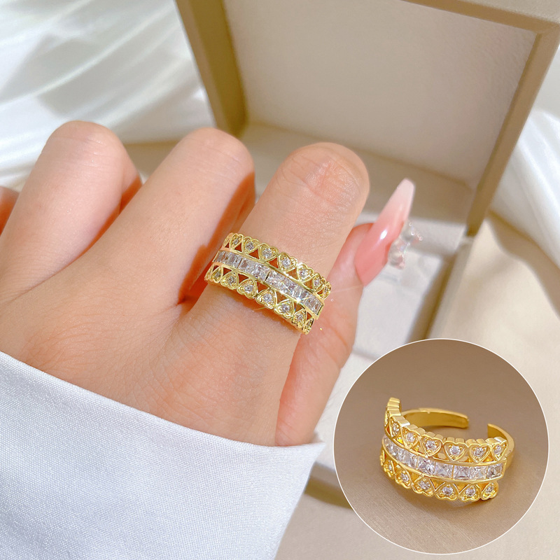 【 Real Gold 】 Heart-shaped zircon ring with adjustable opening, simple Japanese-style jewelry, couple rings full figure