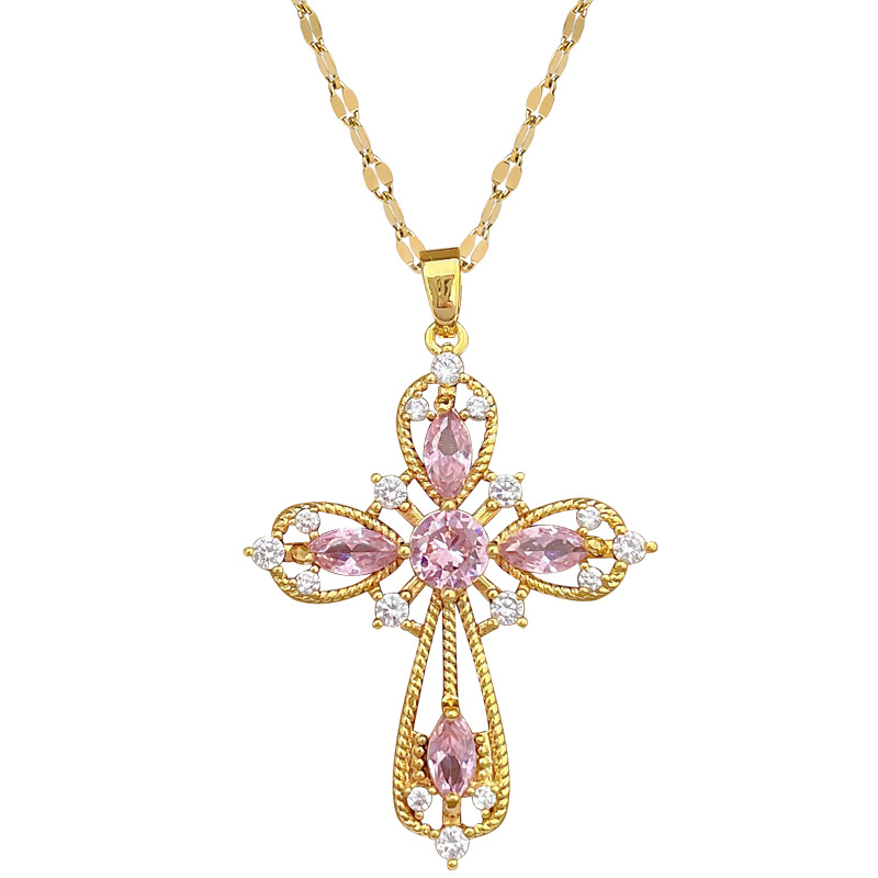 【 Titanium Steel 】 Perforated cross, light luxury, luxurious, full diamond necklace, versatile for women, collarbone chain, titanium steel chain Item Picture