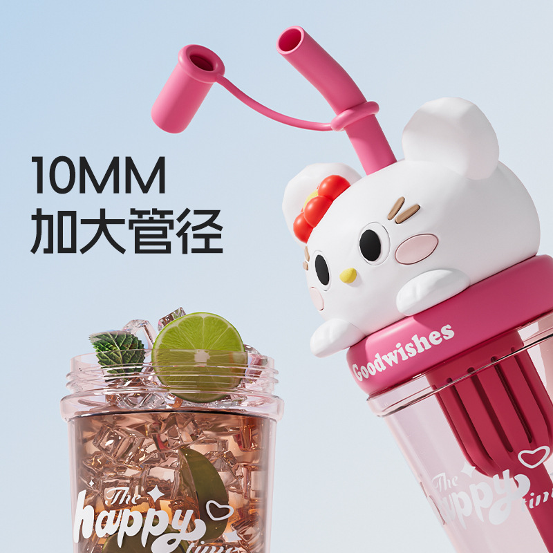 New summer children's plastic water cup, cute cartoon, high appearance level plastic cup, large-capacity tea-water separation straw cup Specification drawing