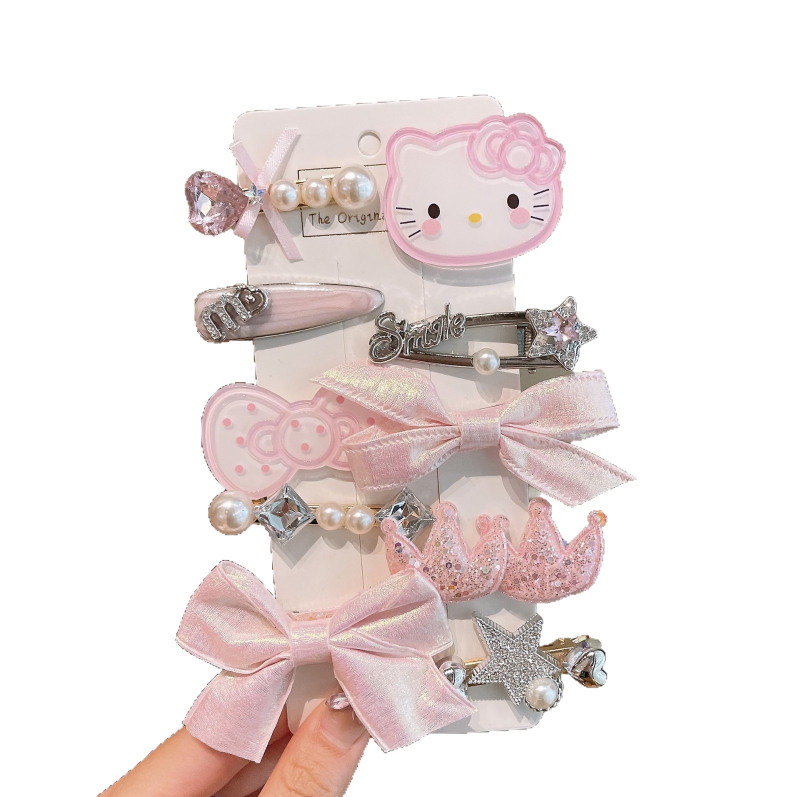 Children's cartoon bow hair clips, pearl water diamond bangs, hair accessories, crown princess side hair clips, girl top clips, girl Item Picture