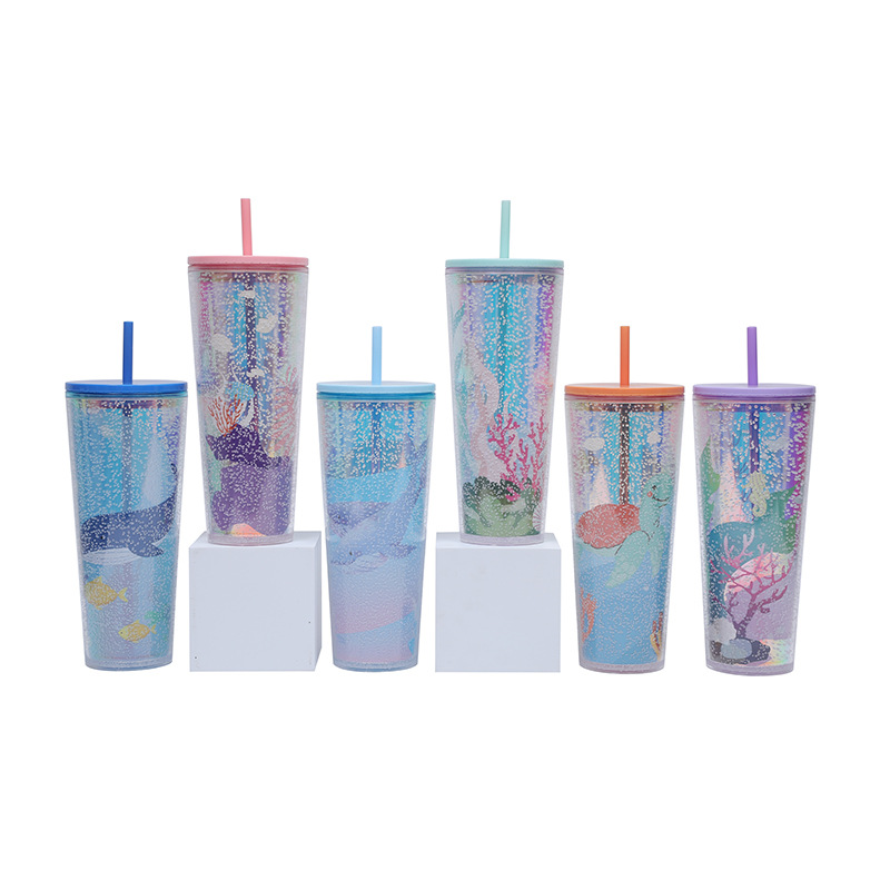 2025 New model factory direct supply 750ml large-capacity double-layer plastic straw cup Creative bubble Star Bar water cup Specification drawing