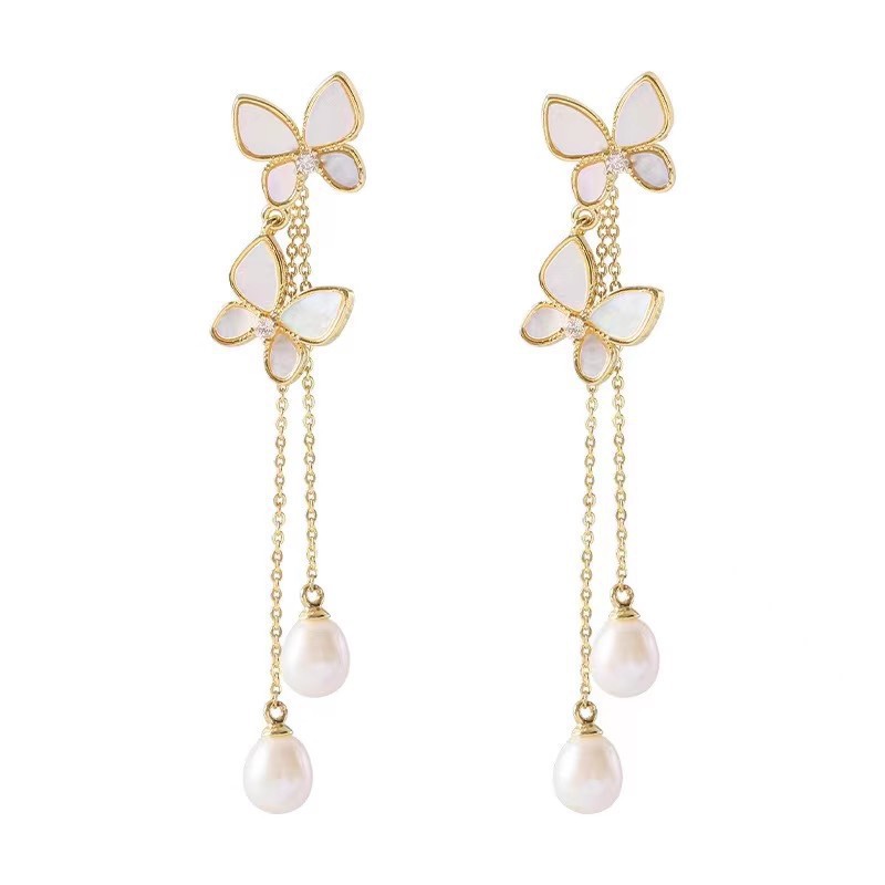Super fairy shell, butterfly, pearl, long tassel earrings, women's niche, high-end, unique style, stud earrings, light luxury earrings Item Picture