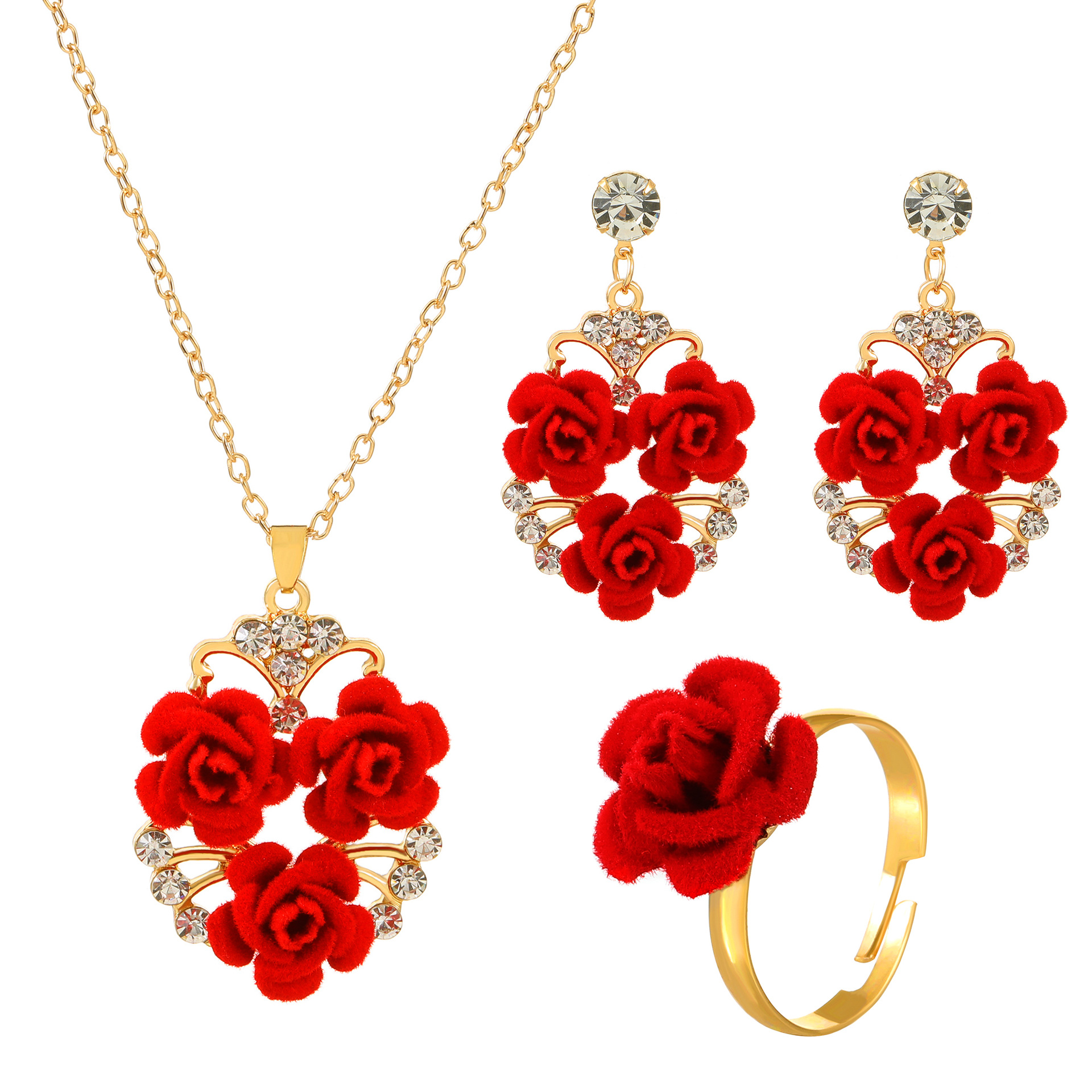 Cross-border European and American rose necklace set, retro and fashionable red rose necklace, earrings, ring, Valentine's Day gift Item Picture