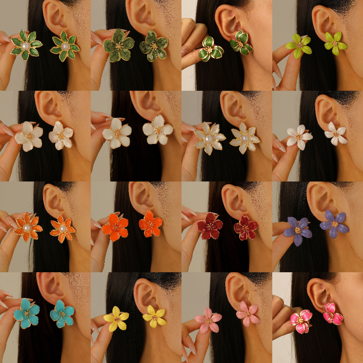 Xiyin's best-selling spring and summer colorful oil-dripping flower stud earrings from Europe and America, with a simple design and double-petal earrings for women Specification drawing