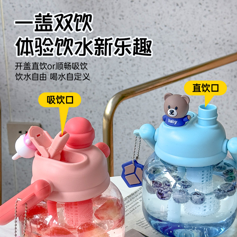 Wholesale and customization of large-capacity, large-belted plastic water bottles, summer internet-famous creative straw cups, and student sports double-drinking cups full figure