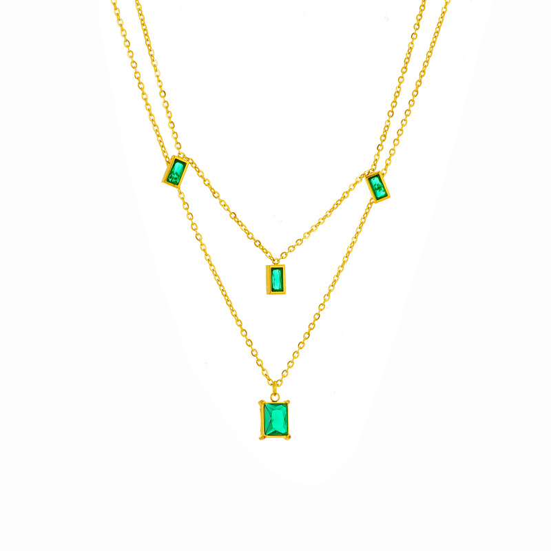 European and American cross-border fashion, retro, simple and niche emerald square pendant, multi-layer collarbone chain, elegant and versatile necklace Item Picture