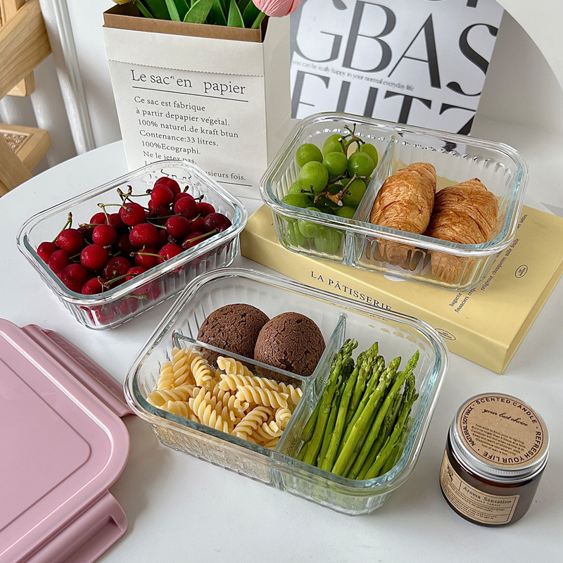 Wholesale of Bolimei vertical pattern high borosilicate glass lunch boxes, microwave oven divider rice bento boxes, fresh-keeping bowls with meals details Picture