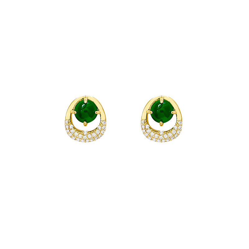 Green micro-inlaid zircon stud earrings for women, 2025 new light luxury, niche and high-end style earrings, retro and exquisite bestsellers Item Picture