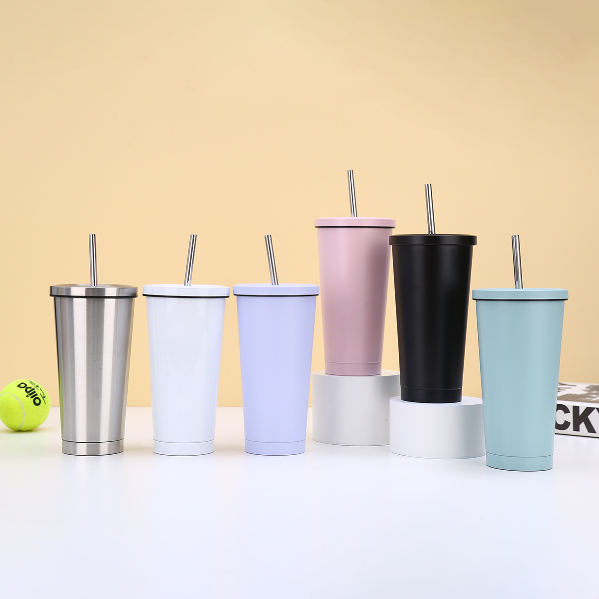 Wholesale of 304 stainless steel straw cups, large-capacity portable vacuum insulated cups, and multi-color fresh and portable coffee cups full figure