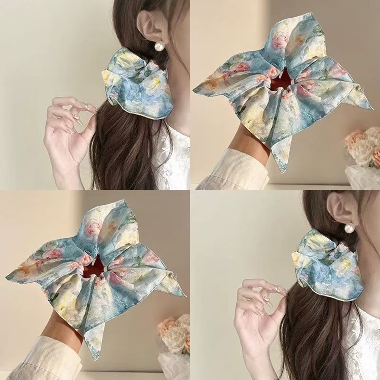 Dreamy Garden ~ Oil Painting style floral square scarf, large intestine hair band, women's stunning square hair accessory, square hair tie details Picture