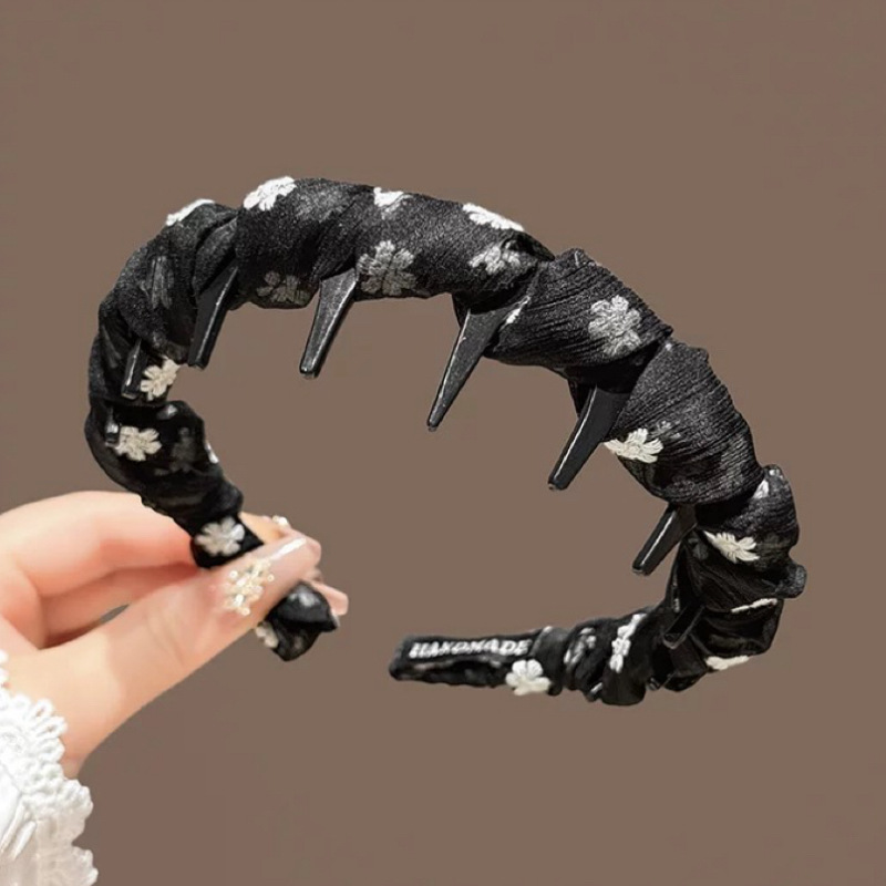 Spring 2025 new flower-embroidered headband with teeth, anti-slip pressure hair clip, daily simple hair tie, hair band for women details Picture