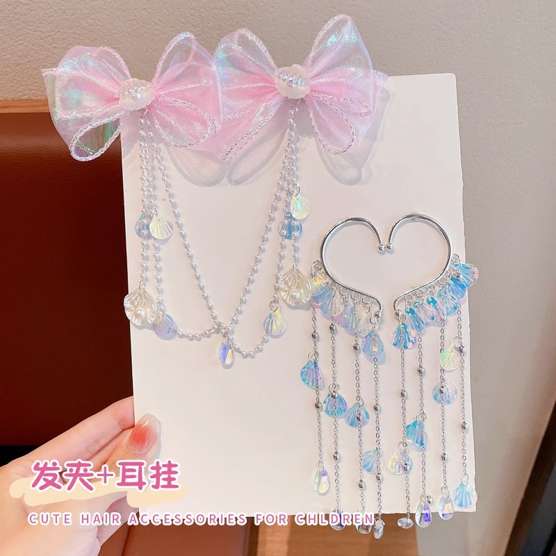 Tassel pearl handcrafted hair clips, children's bow, fairy-like princess hair clips, new girls' ear pendant hair accessories for women Specification drawing
