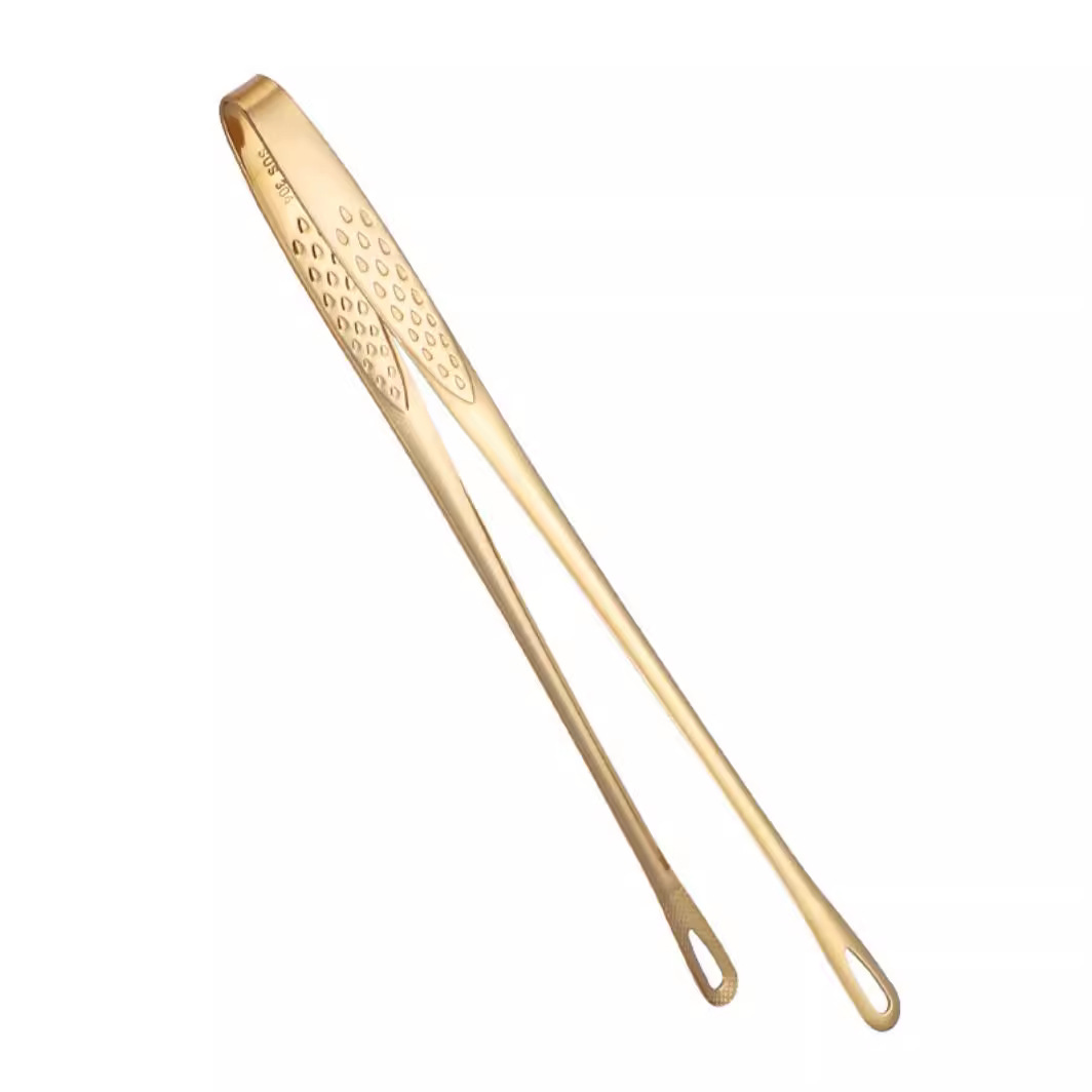 Korean barbecue tongs, 304 stainless steel barbecue tongs, steak tongs, buffet barbecue tongs, golden extended cooking tongs Item Picture
