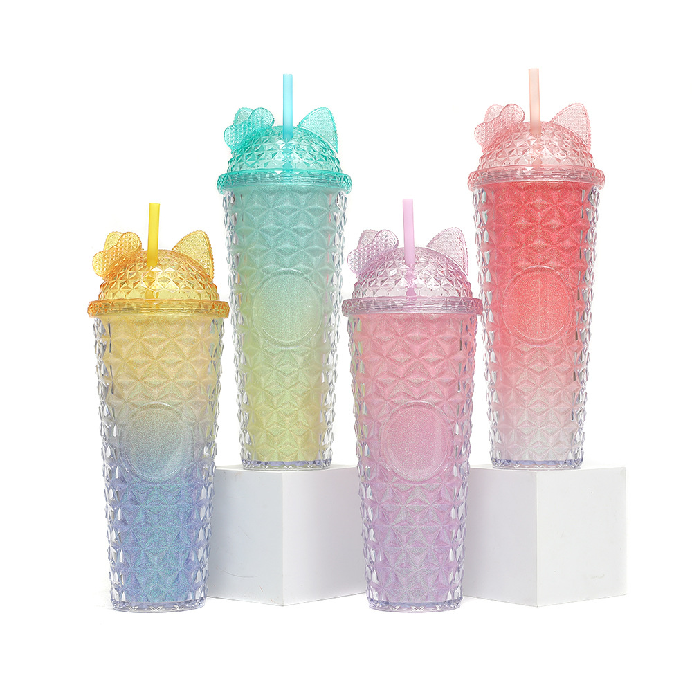 2025 New cross-border factory direct supply Durian Cup, Katie double-layer plastic Diamond cup, large capacity creative straw cup full figure