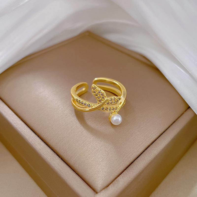 【 Real gold electroplating 】 Open fishtail pearl fashionable slightly inlaid light luxury ring index finger ring, the same style as Internet celebrities, cold style Specification drawing