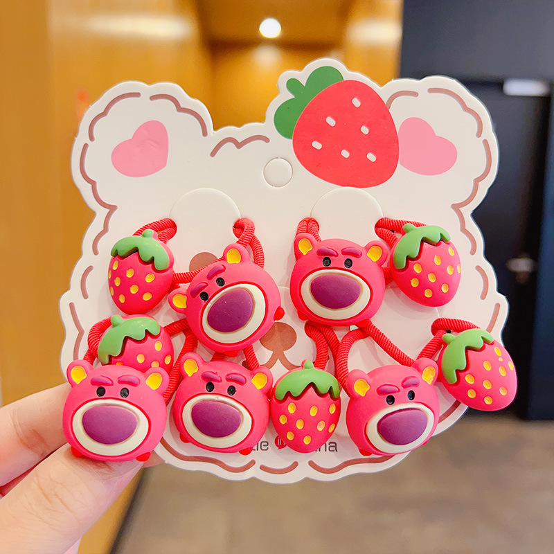 Cute cartoon rose-red bear hair tie for children and little girls, baby strawberry bear ponytail hair band details Picture