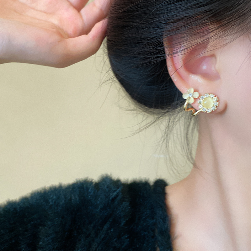 Light luxury, niche and high-end cat's eye stone flower earrings, Korean style exquisite zircon stud earrings, the same style of earrings as Internet celebrities Application Scenario