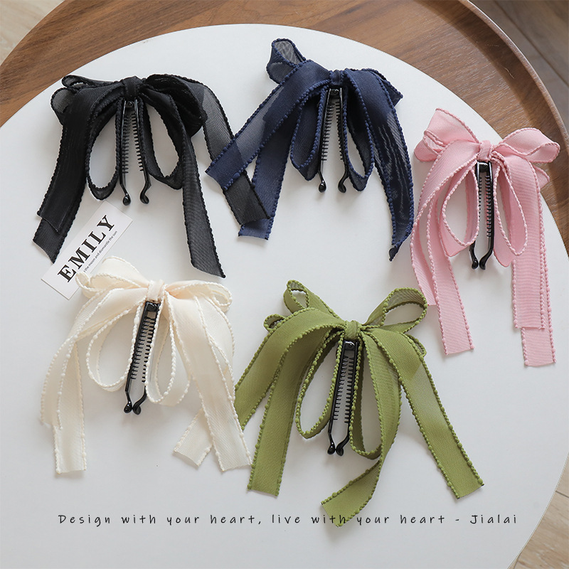 Korean high-end banana clip, vertical clip, bow, high ponytail hair clip, gentle ribbon hair accessory for women, 2023 new style details Picture