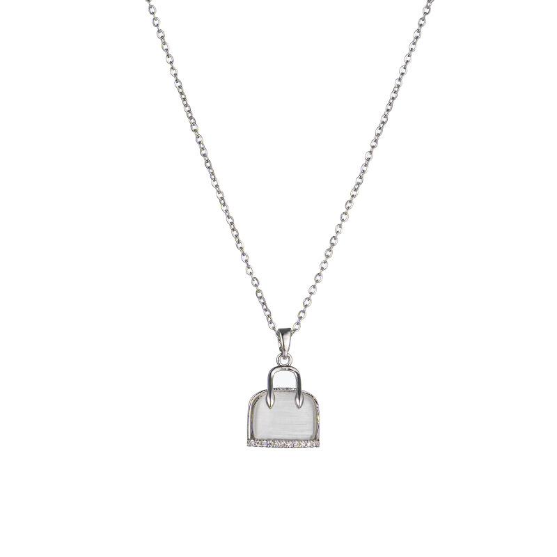 New Korean version silver cat's eye stone bag necklace, women's niche design sense, full diamond pendant, elegant and versatile collarbone chain Item Picture