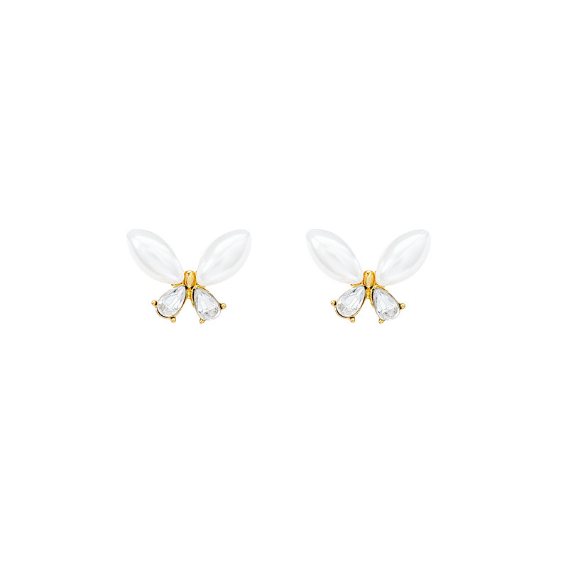 Light luxury style butterfly pearl stud earrings, women's fashion and high-end sense, versatile sweet earrings, zircon internet-famous earrings wholesale Item Picture