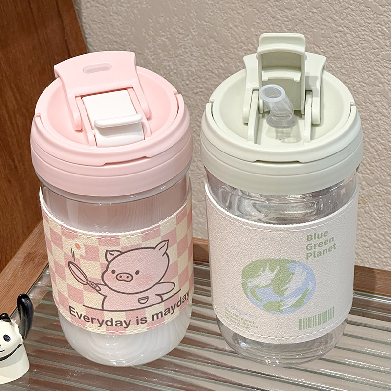 New ins cute leather case for female office workers, portable straw cup, large-capacity double-drinking cup details Picture
