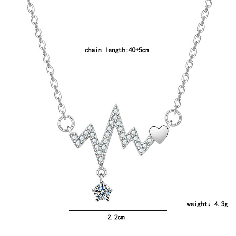 Silver full diamond zircon electrocardiogram heart-shaped necklace, women's niche, elegant and light luxury collarbone chain, trendy online accessory wholesale Item Picture