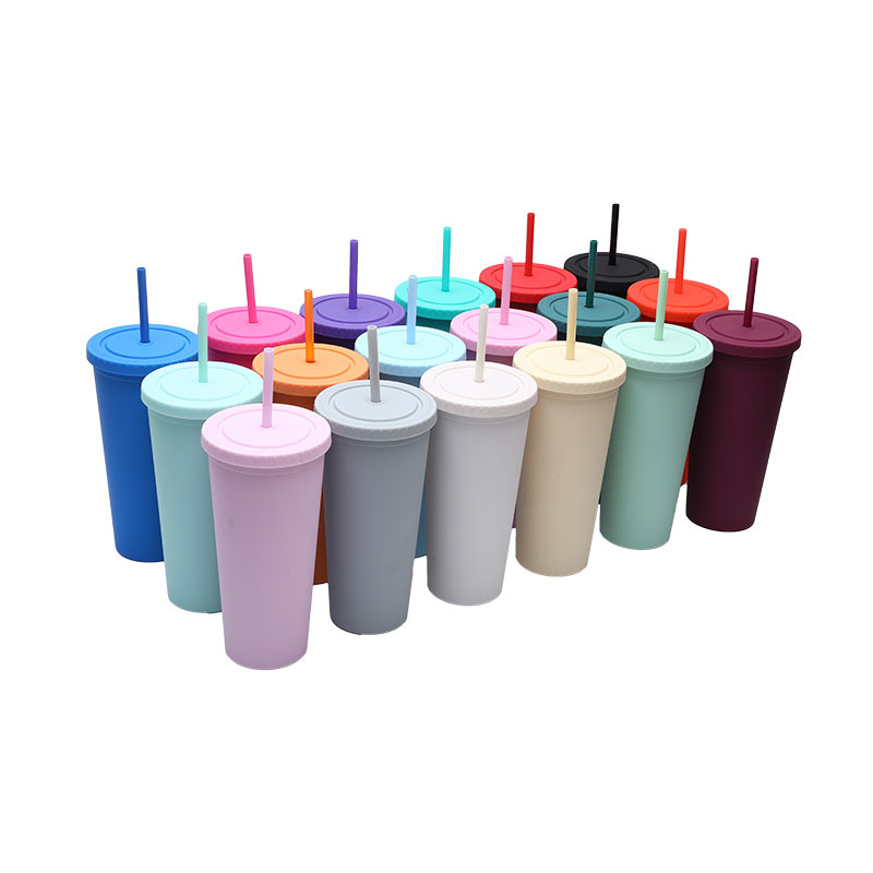 A new modern and simple water cup from cross-border Amazon, a popular matte cartoon portable 24oz double-layer straw cup Specification drawing