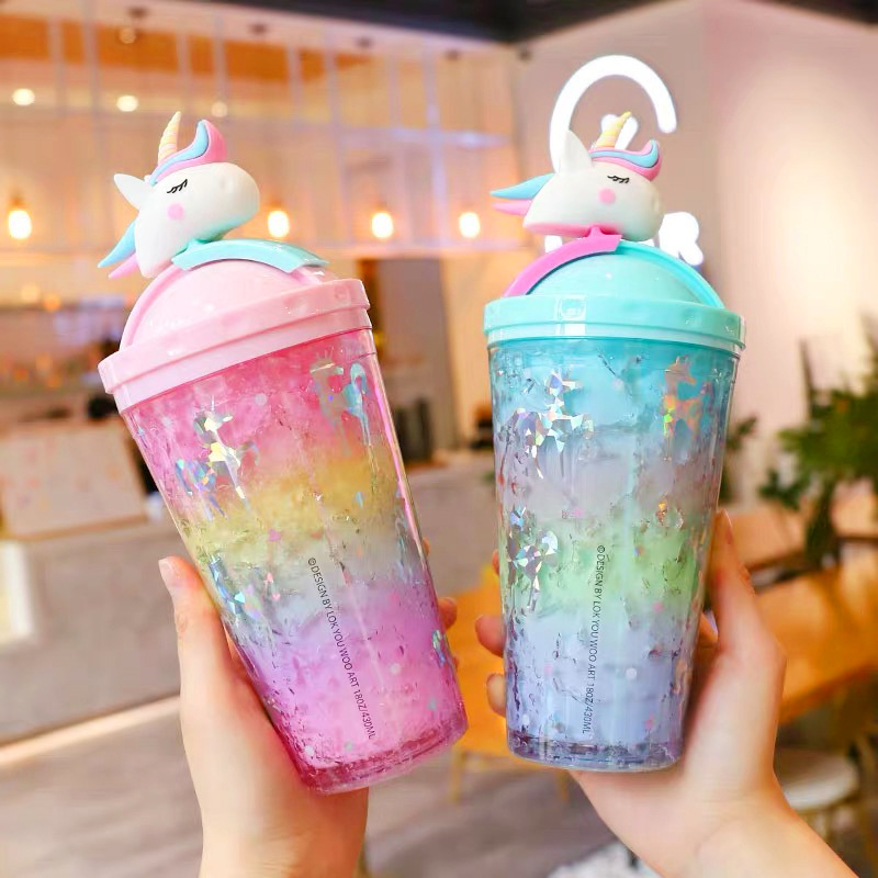 Double-layer refrigerated straw cup, fashionable gradient color cute ice cup, student couple, summer office and home beverage water cup full figure