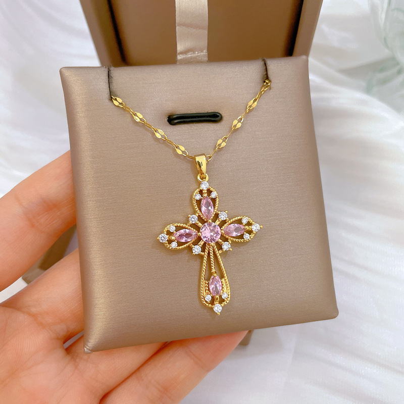 【 Titanium Steel 】 Perforated cross, light luxury, luxurious, full diamond necklace, versatile for women, collarbone chain, titanium steel chain Specification drawing