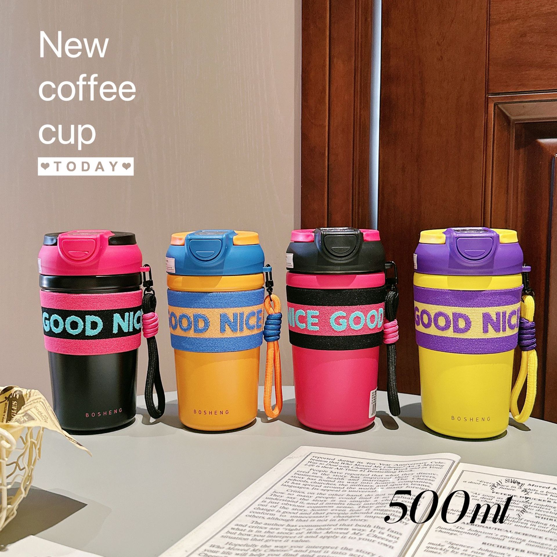 Fashionable new double-drink coffee cup, office essential straw water cup, portable leak-proof, high appearance level stainless steel insulated cup details Picture
