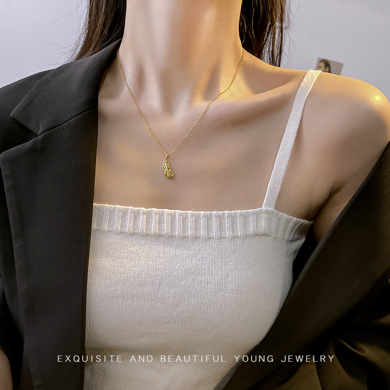 Golden small feather pendant titanium steel necklace for women in Instagram style, simple and individual, real gold electroplated collarbone chain, versatile accessory Application Scenario