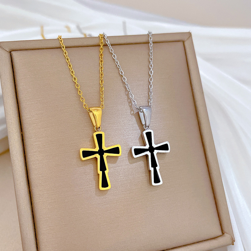 【 All-titanium Steel 】 Light luxury double-sided cross furnace with real gold necklace, female Instagram influencer collarbone chain accessory Specification drawing