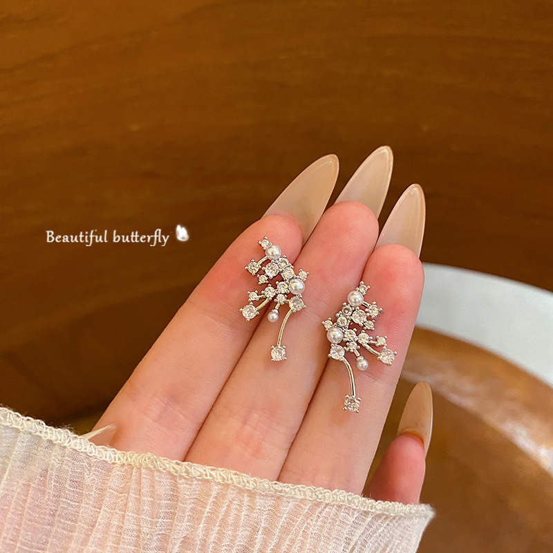 Korean bestsellers, exquisite micro-inlaid zircon stud earrings, light luxury, niche and high-end style, firework pearl earrings, unique earrings for women full figure