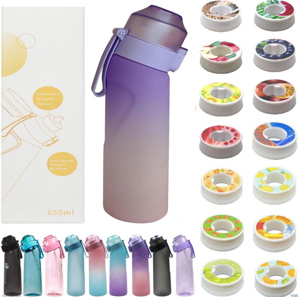 Cross-border new 650ML outdoor sports fun water cup with 14-flavor aroma ring plastic cup Tritan fruit-flavored cup Specification drawing