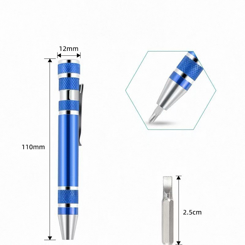Multi-functional screwdriver, eight-in-one aluminum alloy disassembly tool, pen tip, one-line cross head changer screwdriver, precise Specification drawing